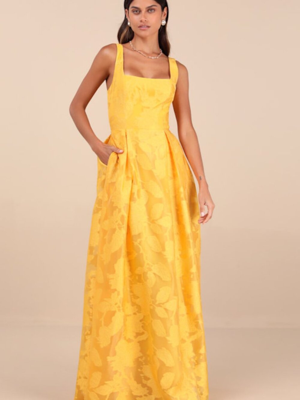 Lulus Perfected Aura Yellow Jacquard Tie-back Maxi Dress With Pockets - Size XS